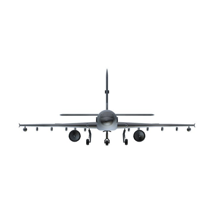 Front view of a gray Airbus tanker aircraft with landing gear extended.