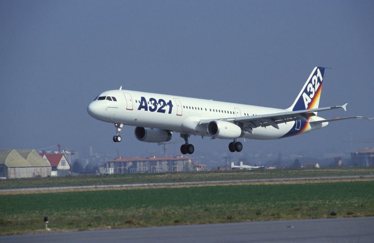 Airbus A321 demonstrator aircraft landing with gear down.