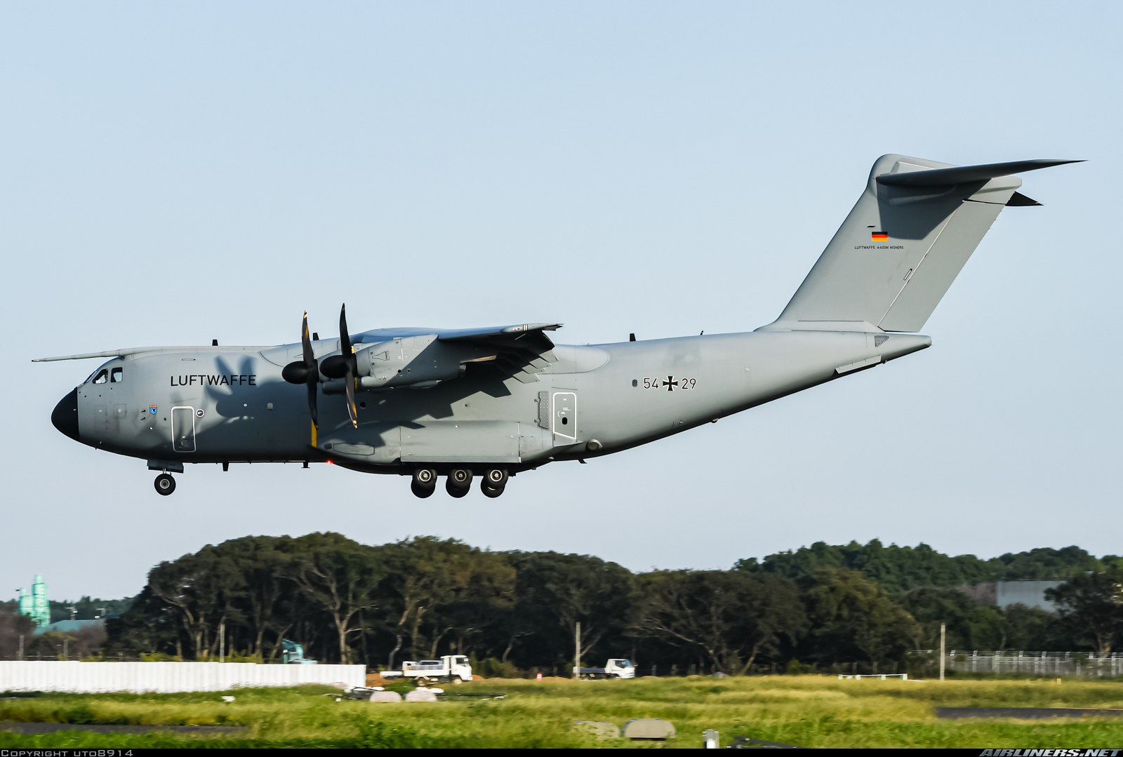 Luftwaffe Airbus A400M Atlas 54+29 flying low with gear extended.