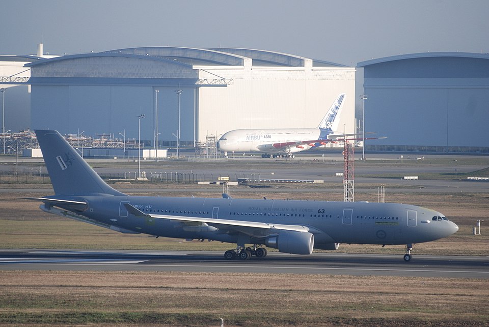 Airbus A330 MRTT tanker transport on the ground, showing the military refueling and transport version of the A330 platform.