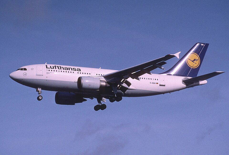 Airbus A310 airliner in Lufthansa service, showing the twin-engine wide-body aircraft developed after the original A300 line.