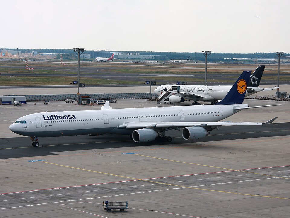 Airbus A340 at Frankfurt, showing the four-engine long-range airliner on an airport apron.