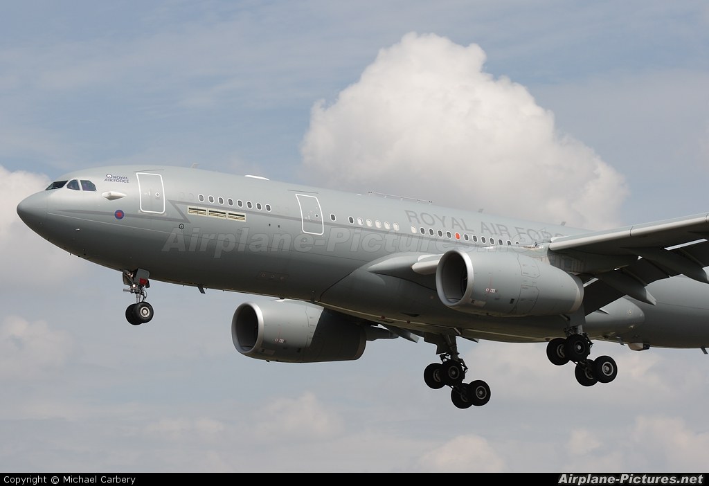 Gray Royal Air Force Airbus Voyager approaching with landing gear extended.