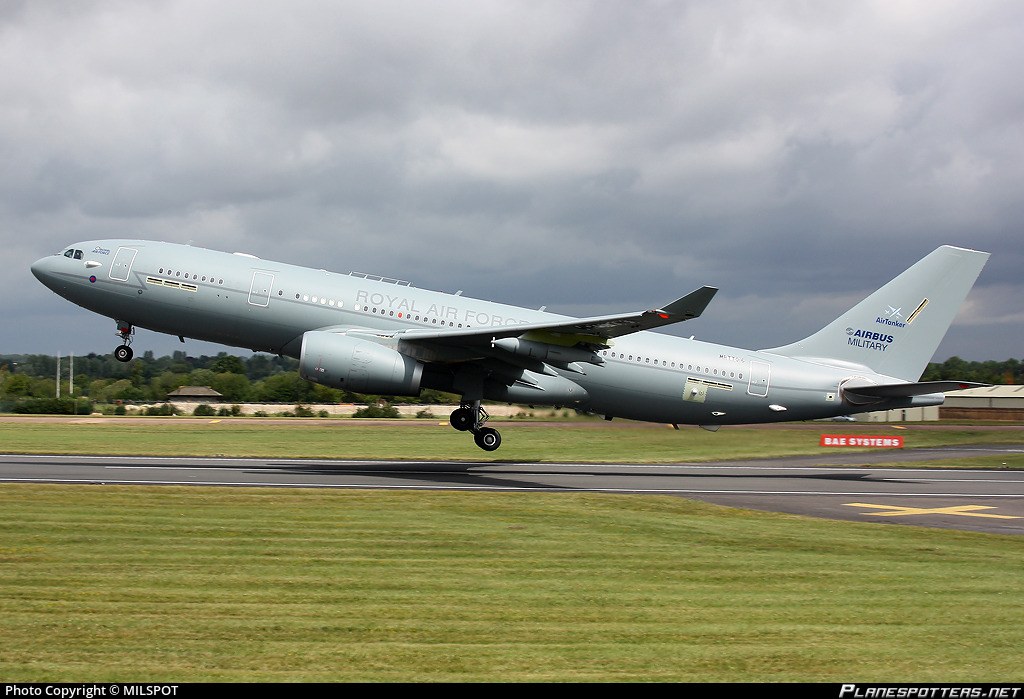 Royal Air Force Airbus Voyager lifting off from a runway with gear down.
