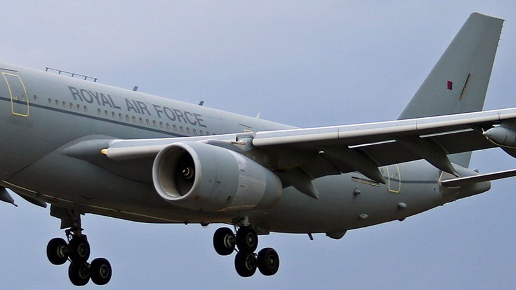 Close view of a Royal Air Force Airbus Voyager wing, engine, and landing gear.