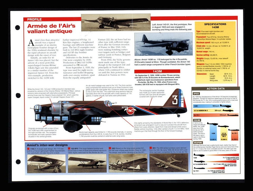 Amiot 143 - "AMIOT 143" Aircraft of World Spec Sheet WWII 13.59 eBay