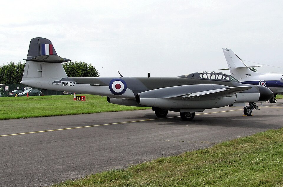 Gloster Meteor WM167 displayed on the ground at an airfield, showing a preserved Meteor jet connected to Armstrong Whitworth's postwar aircraft work.