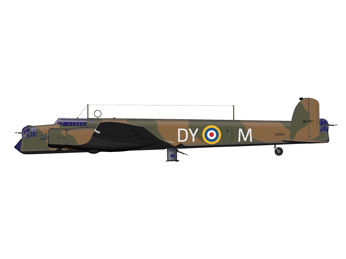 Camouflaged Armstrong Whitworth Whitley side-profile drawing marked DY M and K8950.