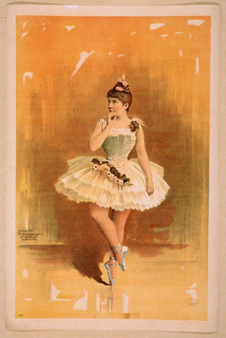 Ballerina in white costume with flowers in dance pose