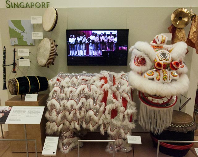 Lion dance costume and musical instruments from Singapore at the Musical Instrument Museum Phoenix Arizona