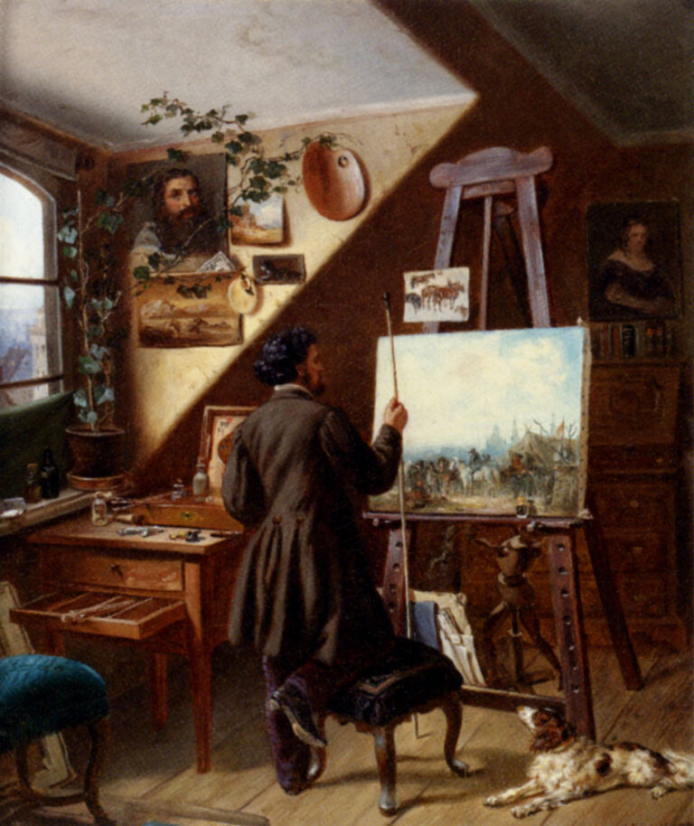 Painting Horses in the Studio A Self Portrait by Gustav Adolph Friedrich