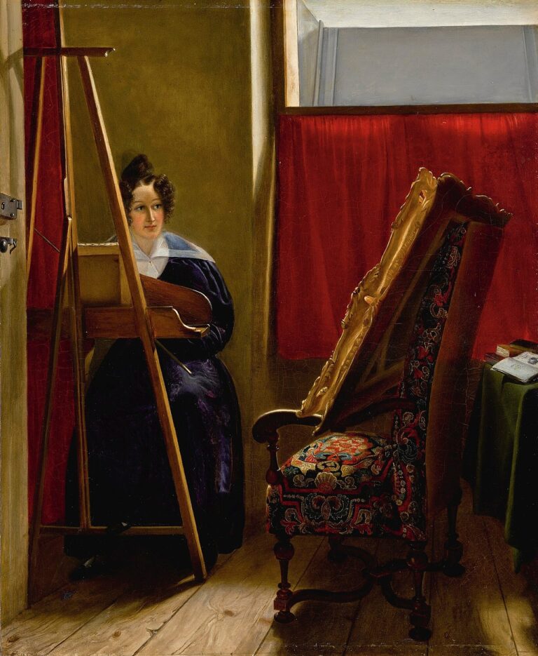 Portrait of the artist, seated at her easel