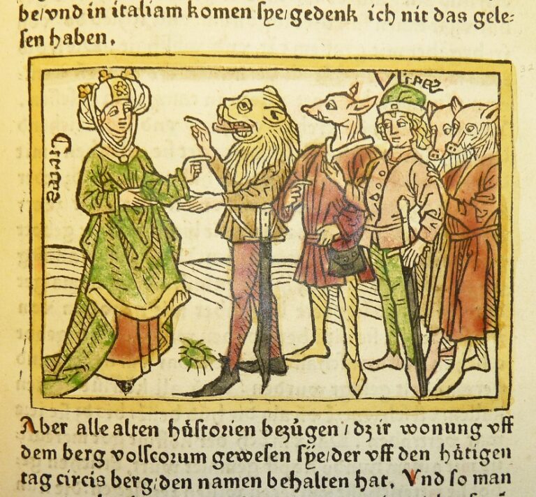 Woodcut illustration of Circe and Odysseus with men transformed into animals - Penn Provenance Project