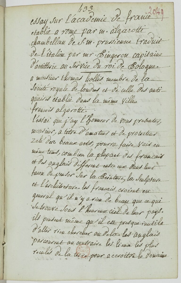 Essay sur l'academie de france etablie a rome par m algarotti chambellan de S m prussienne traduit de