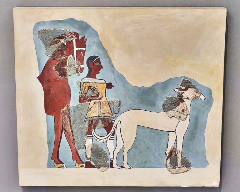 Fragment of a Mycenaean fresco from Tiryns at the National Archaeological Museum of Athens on October