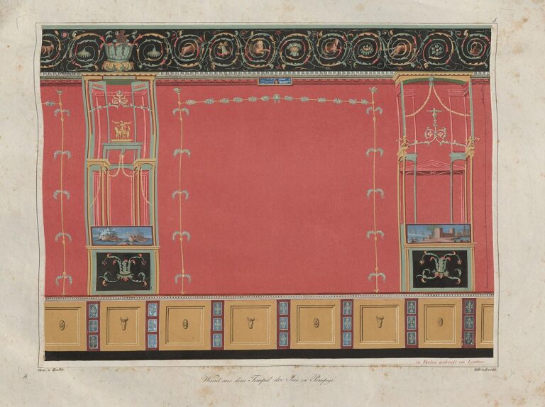 Watercolor painting of a frescoed wall of the Temple of Isis in Pompeii by Wilhelm Zahn