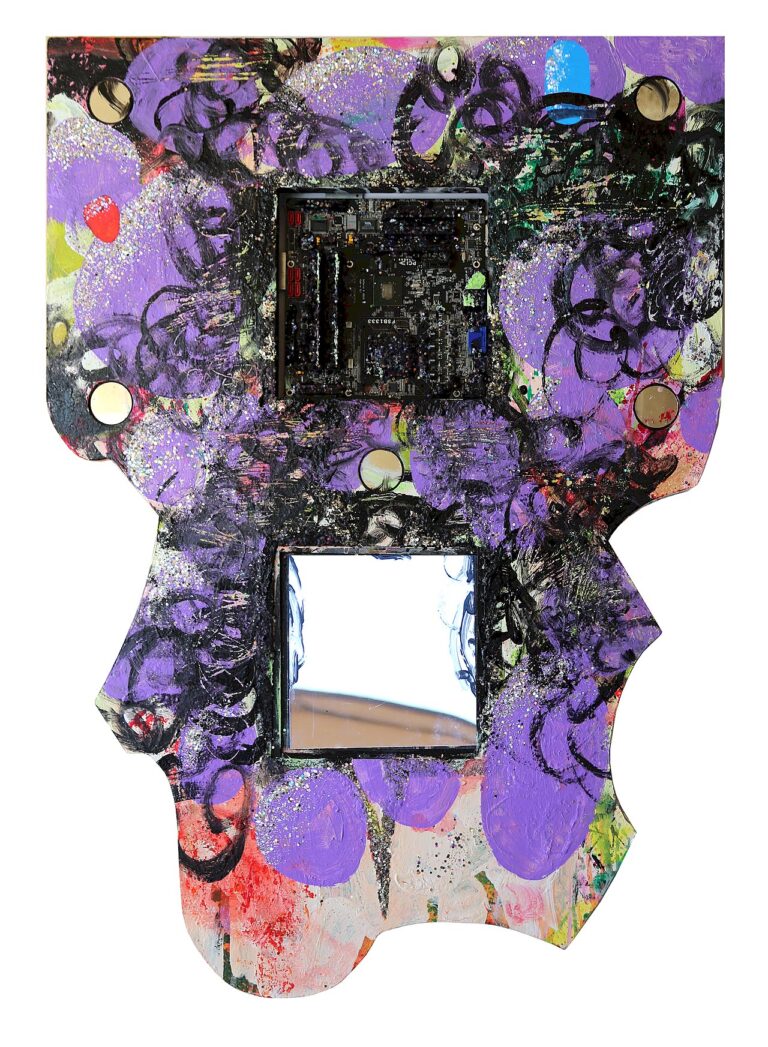 Contemporary painting with computer motherboard inlay