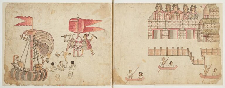 La pelea en Tacuba durante la batalla de Colhuacatonco & la evacuación de Tenochtitlan, en los folios 23 v & 24 r