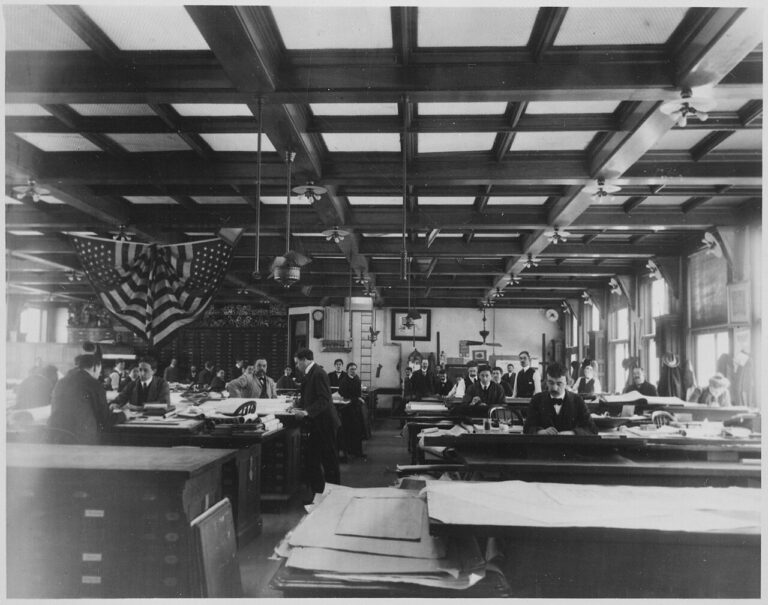 Architects at their drafting tables at the Treasury Department Building