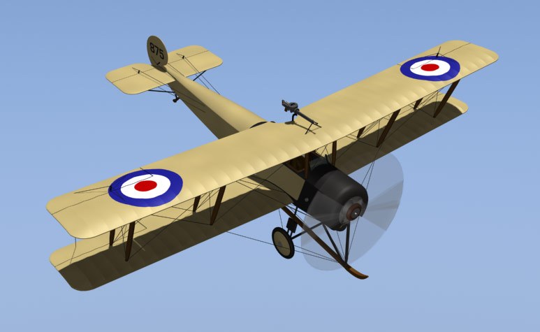 Digital render of a beige Avro 504 biplane in flight with RAF roundels.