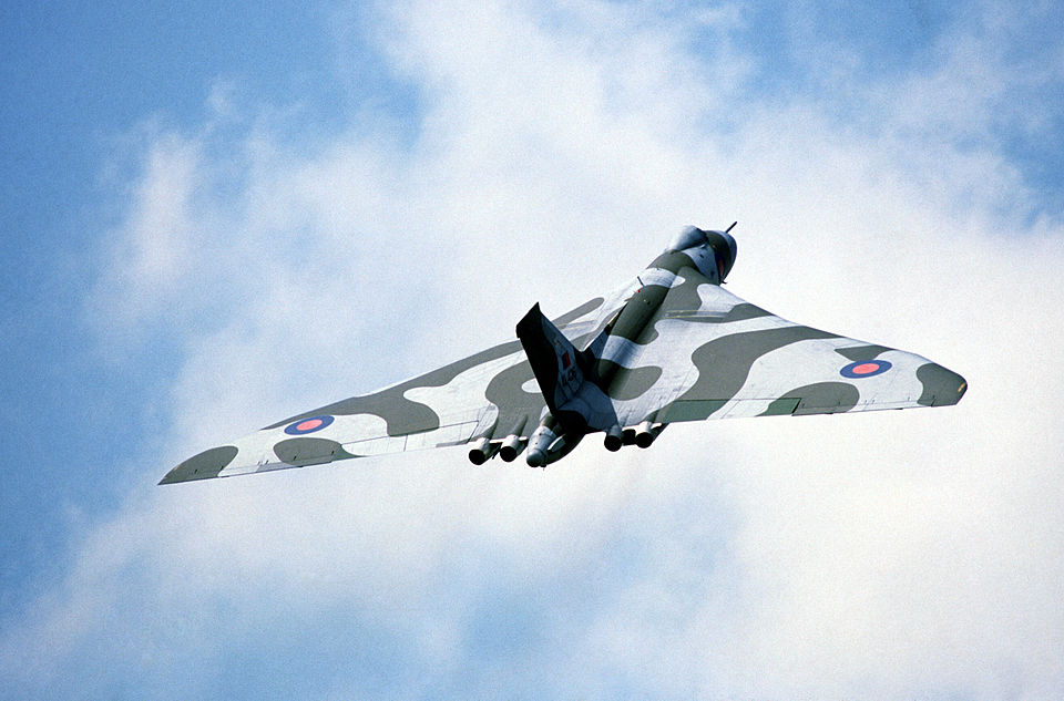 Avro Vulcan bomber in flight, showing the delta-wing strategic bomber developed by Avro after World War II.