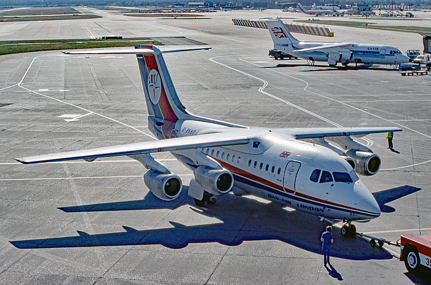 BAe 146 regional jet parked at Gatwick, included because the aircraft line continued under the Avro RJ name in British aerospace production.