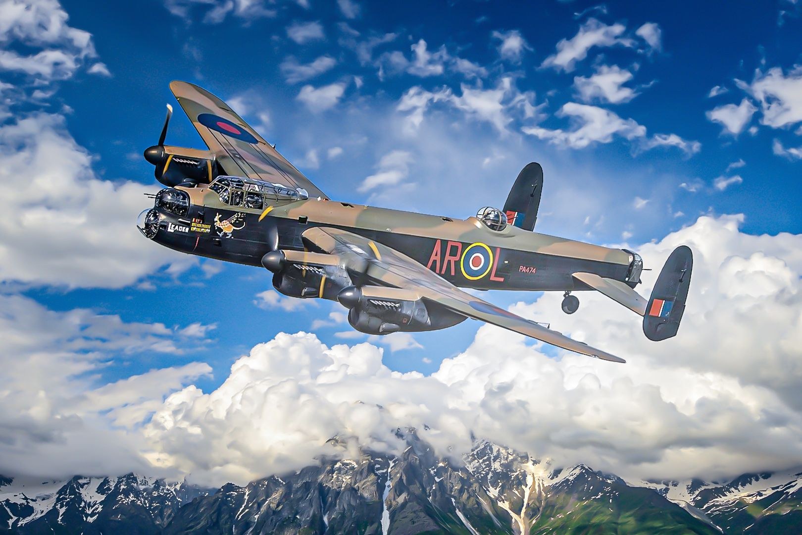 Illustrated camouflaged Avro Lancaster AR-L flying above mountains and clouds.