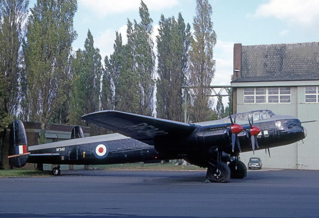Avro Lincoln RF342 parked outside with RAF roundel and twin tail visible.