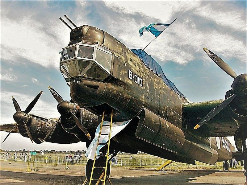 Close view of an Avro Lincoln nose marked B-010 with front turret guns.