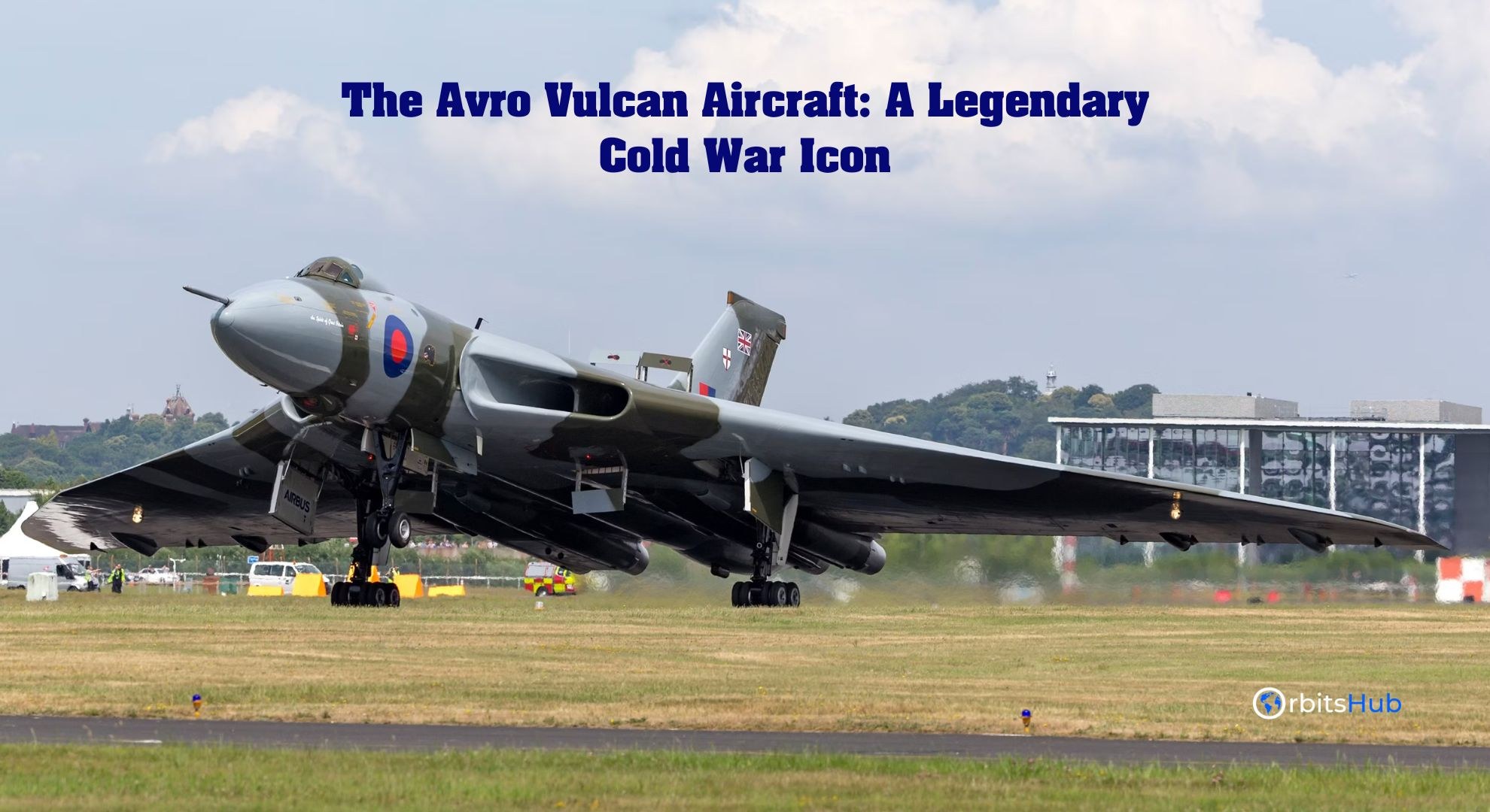 Camouflaged Avro Vulcan low over a runway with landing gear extended.