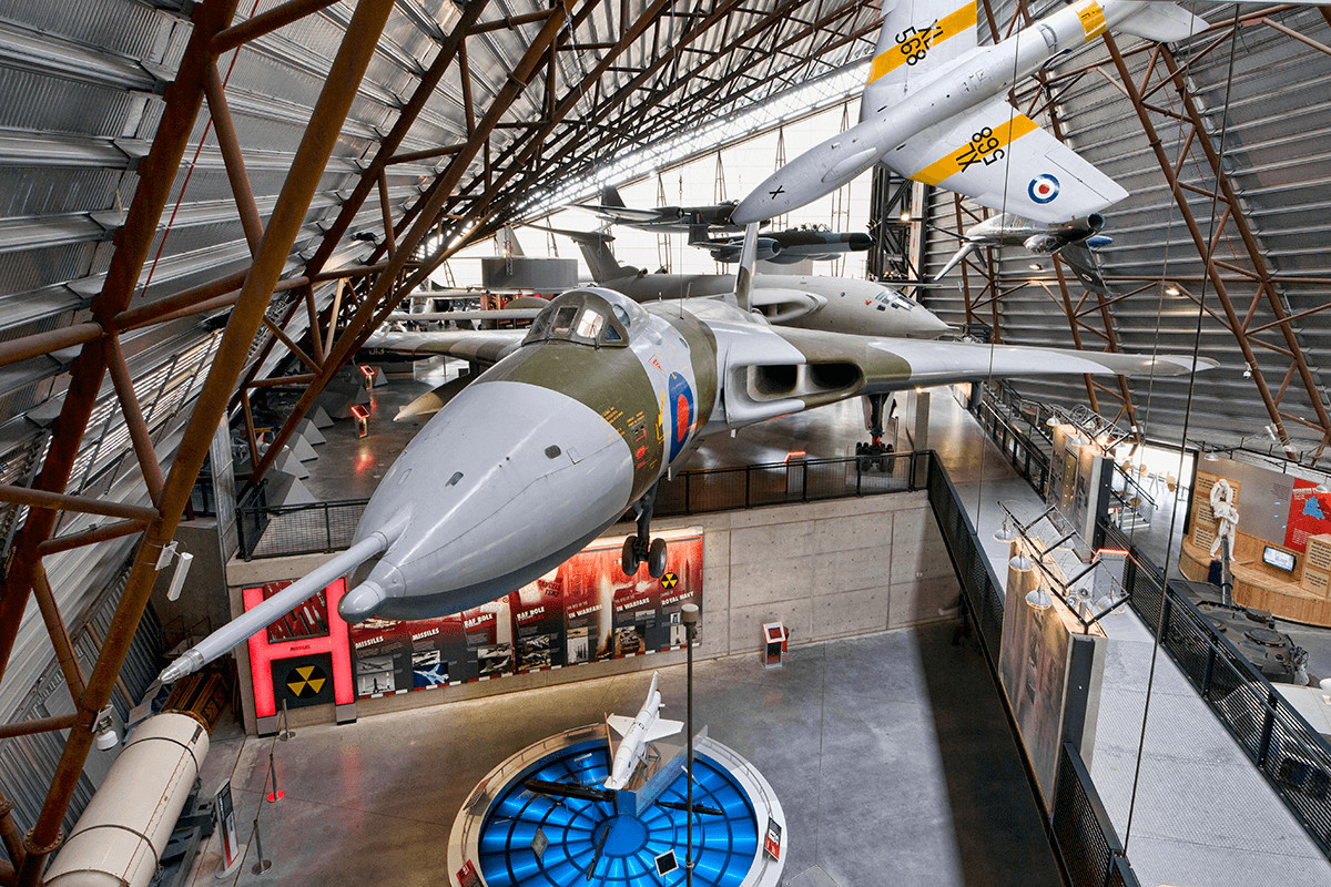 Avro Vulcan B.2 suspended indoors in a museum hall.
