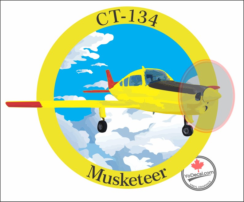 Graphic illustration of a yellow CT-134 Musketeer flying in front of a circular badge.