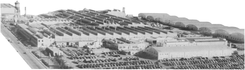 Aerial black-and-white view of Beech Aircraft Corporation Plant 1, showing the company's production infrastructure and factory site.