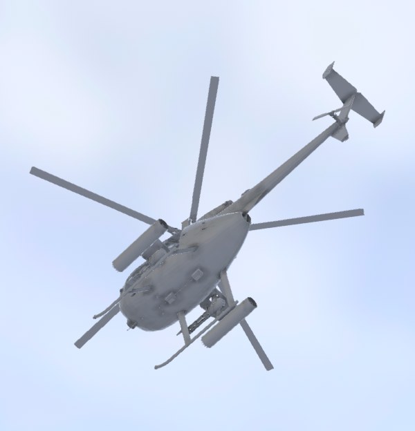 AH-6 Little Bird seen from below in flight with skid landing gear.