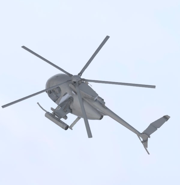 AH-6 Little Bird flying overhead in a front underside view.