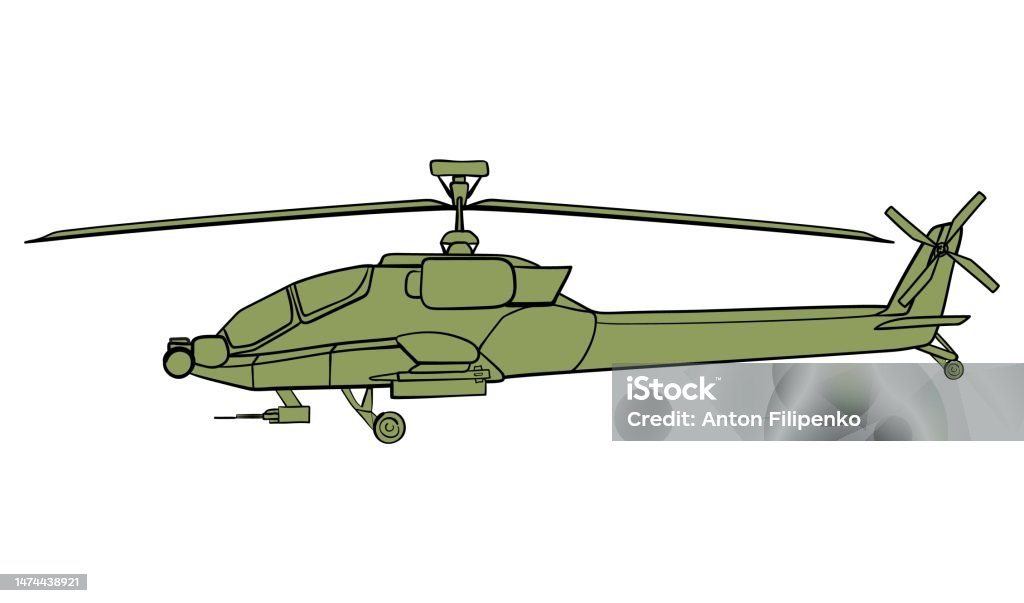 Boeing AH-64 Apache - Military Helicopter Outline Boeing Ah64 Apache Doodle Side View Stock