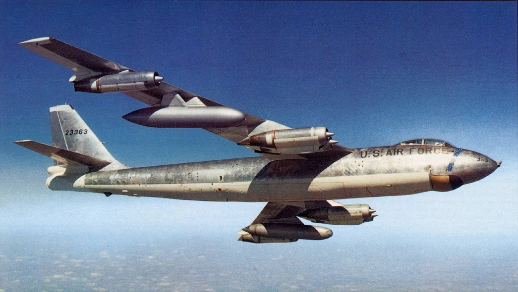 U.S. Air Force Boeing B-47 23363 flying in side view.