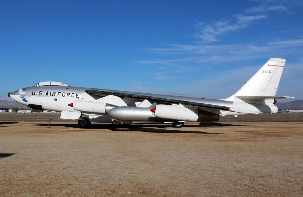 White U.S. Air Force Boeing B-47E 2275 displayed outdoors in side view.