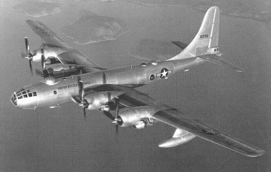 Black-and-white photo of a U.S. Air Force B-50 Superfortress in flight.