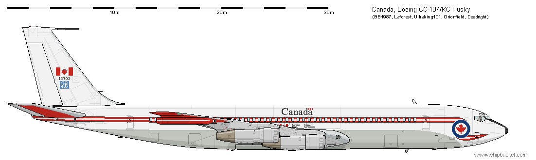 Side profile drawing of a Canadian Boeing CC-137/KC Husky with Canada markings.