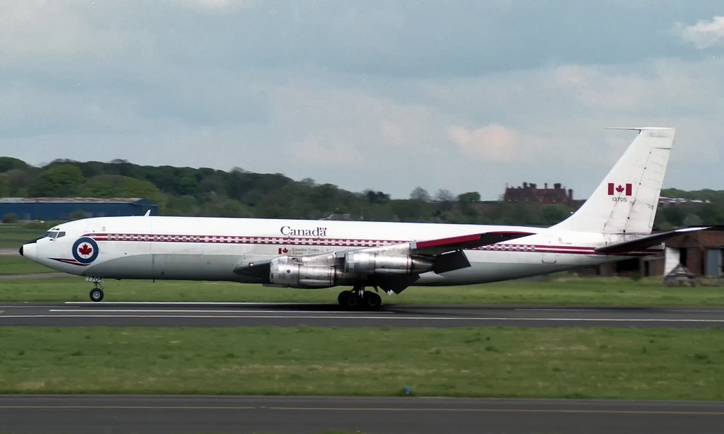 Canada Boeing CC-137 13705 rolling on runway with nose gear down.