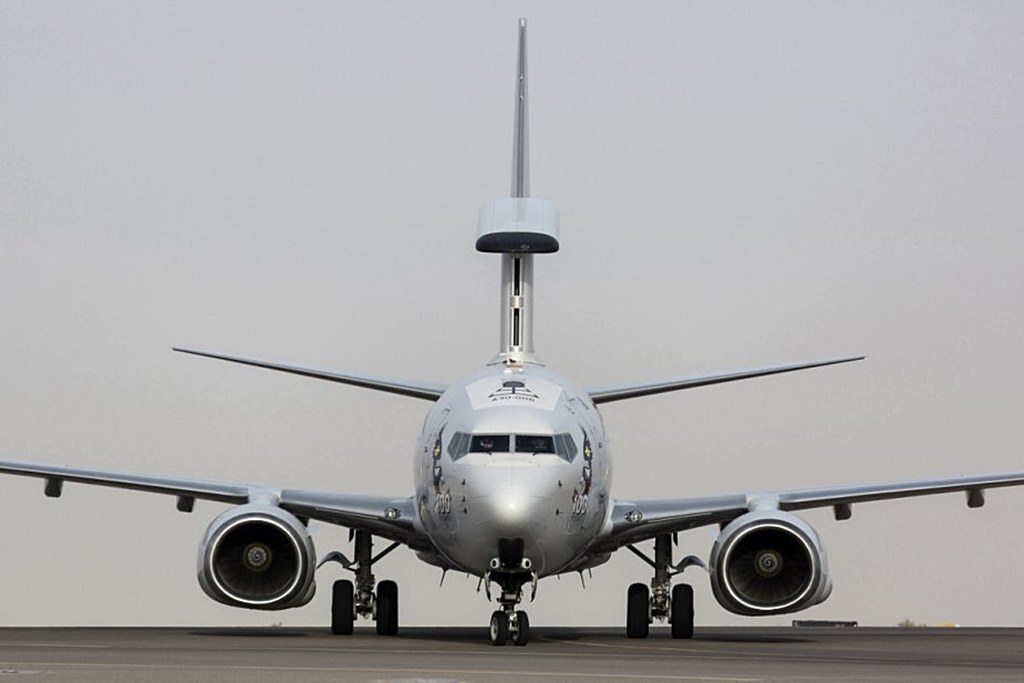 Boeing E-7 Wedgetail facing forward on a runway with landing gear down.