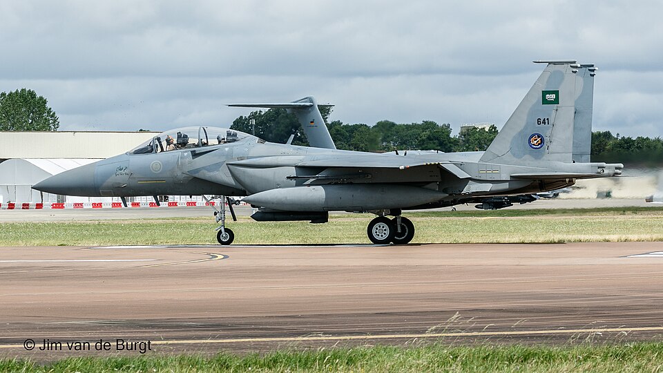 Boeing F-15SA Eagle fighter aircraft on a runway or taxiway, showing the twin-tail combat aircraft line now produced under Boeing.