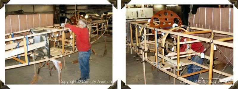 Two workshop views of a Boeing Model C wooden airframe under construction.