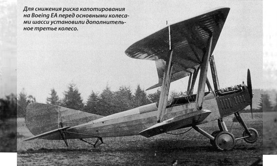Printed side view of a Boeing Model EA biplane on a field.