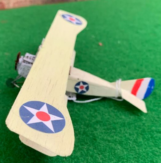 Scale model of a Boeing Model EA biplane viewed from above.