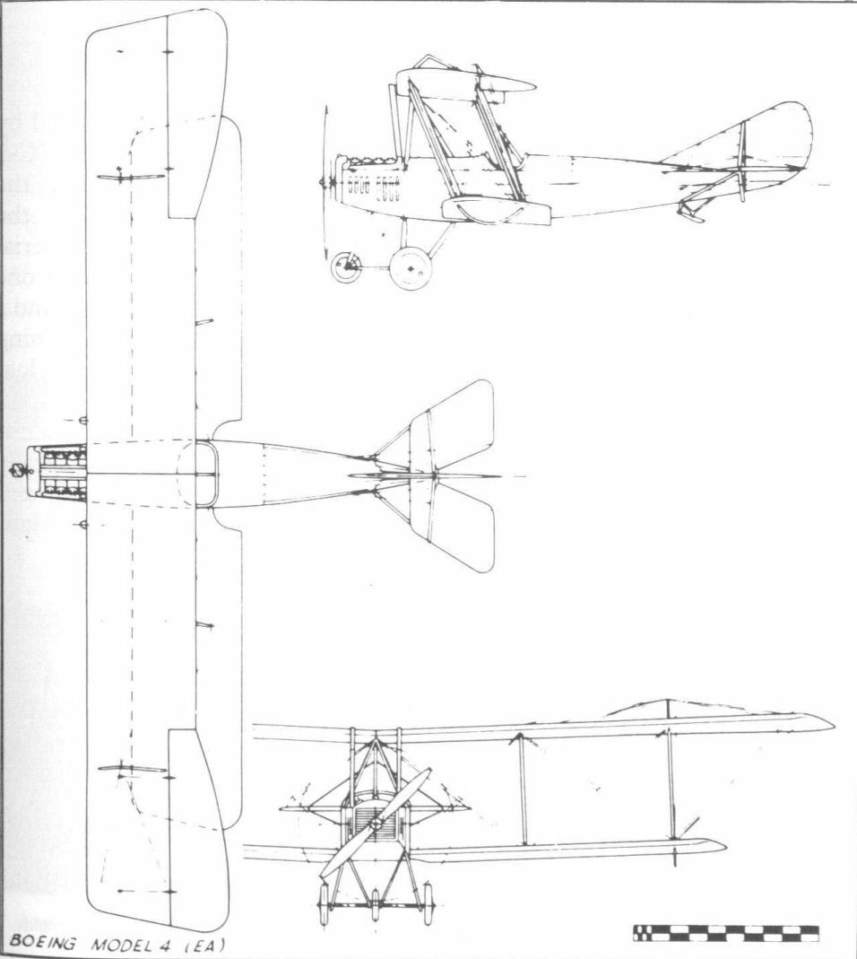 Three-view technical drawing of the Boeing Model EA biplane.