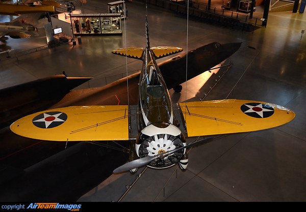 Boeing P-26 Peashooter displayed indoors viewed from above.
