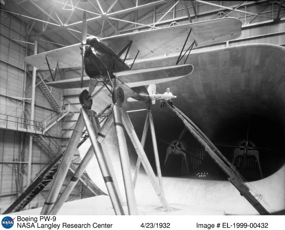 Boeing PW-9 mounted inside a NACA Langley test hangar in 1932.