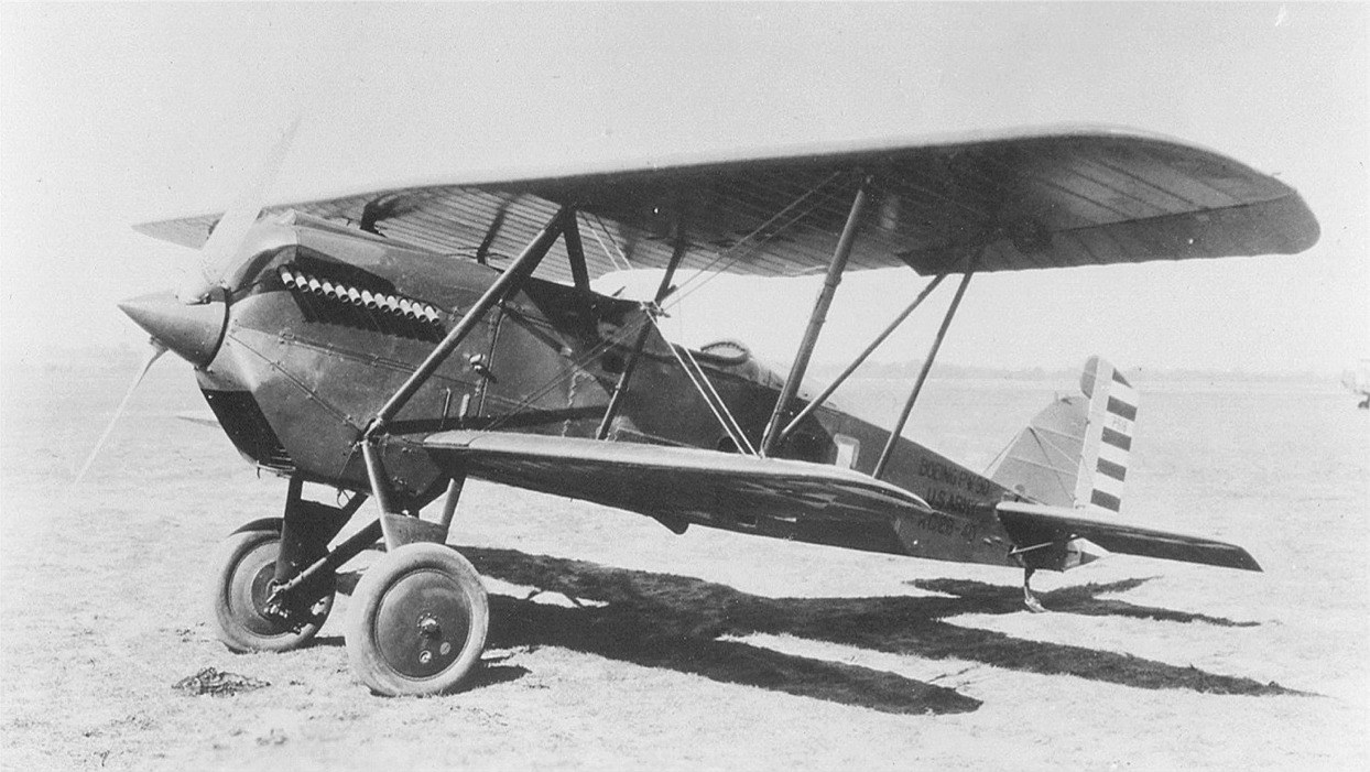 Black-and-white side view of a Boeing PW-9 biplane on an open field.